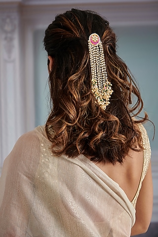 Gold Plated Pink Kundan Polki & Pearl Braid Pin by Paisley Pop