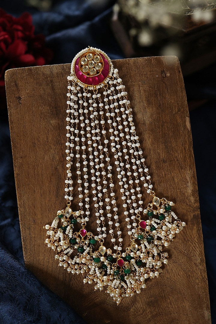 Gold Plated Pink Kundan Polki & Pearl Braid Pin by Paisley Pop at Pernia's Pop Up Shop