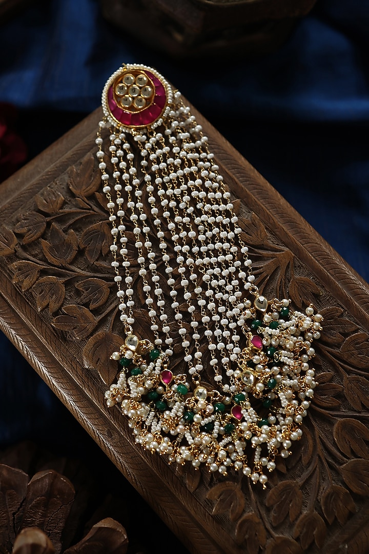 Gold Plated Pink Kundan Polki & Pearl Braid Pin by Paisley Pop at Pernia's Pop Up Shop