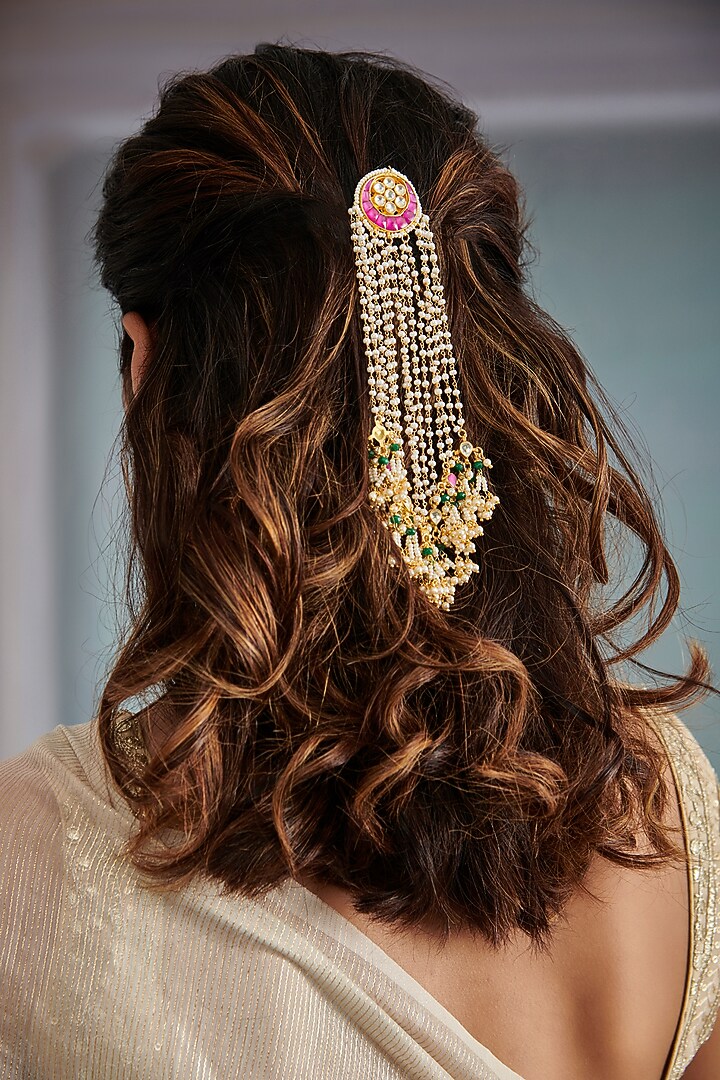 Gold Plated Pink Kundan Polki & Pearl Braid Pin by Paisley Pop at Pernia's Pop Up Shop