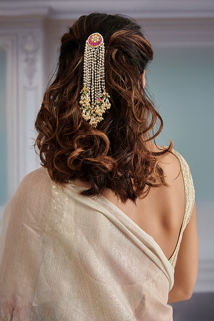 Gold Plated Pink Kundan Polki & Pearl Braid Pin by Paisley Pop at Pernia's Pop Up Shop