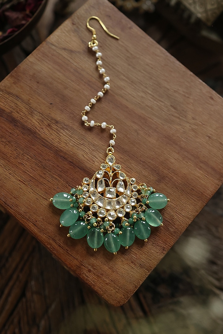 Gold Plated Kundan Polki & Mint Green Jade Stone Maangtikka by Paisley Pop at Pernia's Pop Up Shop