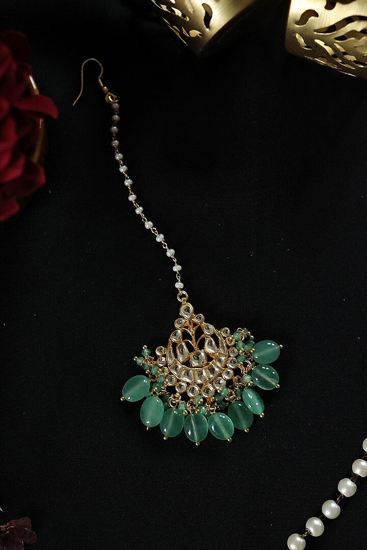 Gold Plated Kundan Polki & Mint Green Jade Stone Maangtikka by Paisley Pop at Pernia's Pop Up Shop