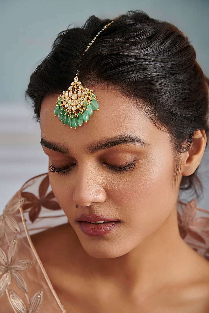 Gold Plated Kundan Polki & Mint Green Jade Stone Maangtikka by Paisley Pop at Pernia's Pop Up Shop