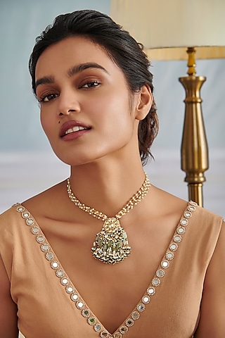 Gold Plated Kundan Polki & Green Hydro Stone Necklace by Paisley Pop
