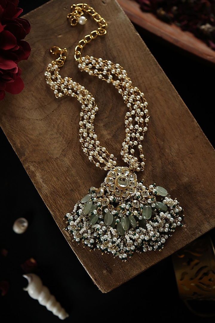Gold Plated Kundan Polki & Green Hydro Stone Necklace by Paisley Pop at Pernia's Pop Up Shop