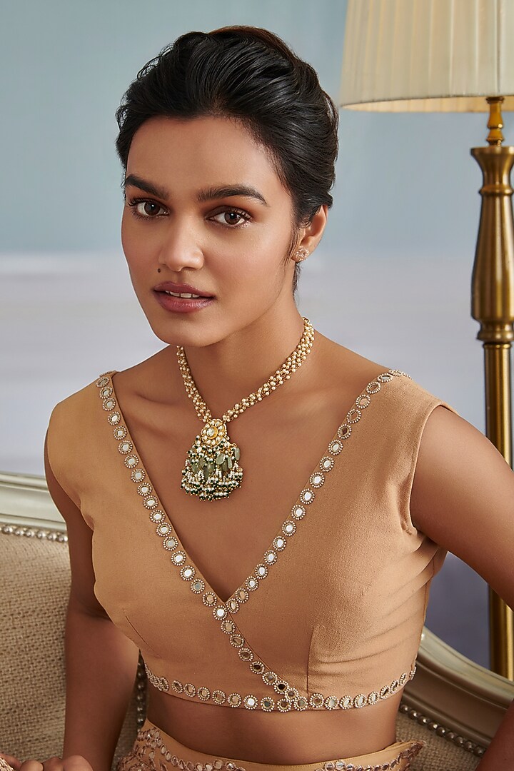 Gold Plated Kundan Polki & Green Hydro Stone Necklace by Paisley Pop at Pernia's Pop Up Shop