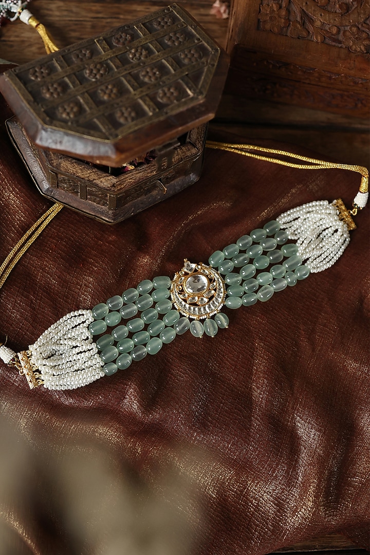 Gold Plated Kundan Polki & Mint Fluorite Stone Choker Necklace by Paisley Pop at Pernia's Pop Up Shop