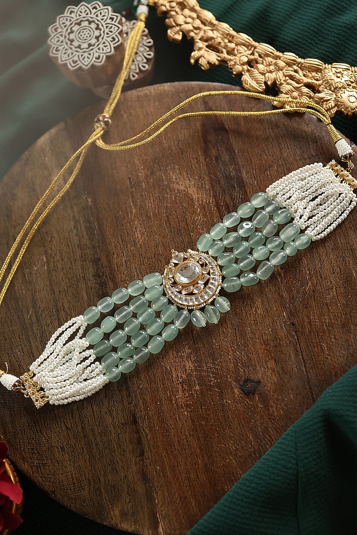 Gold Plated Kundan Polki & Mint Fluorite Stone Choker Necklace by Paisley Pop at Pernia's Pop Up Shop