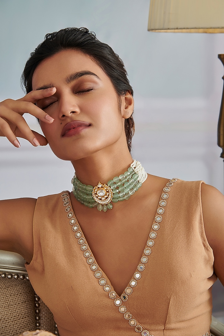 Gold Plated Kundan Polki & Mint Fluorite Stone Choker Necklace by Paisley Pop at Pernia's Pop Up Shop