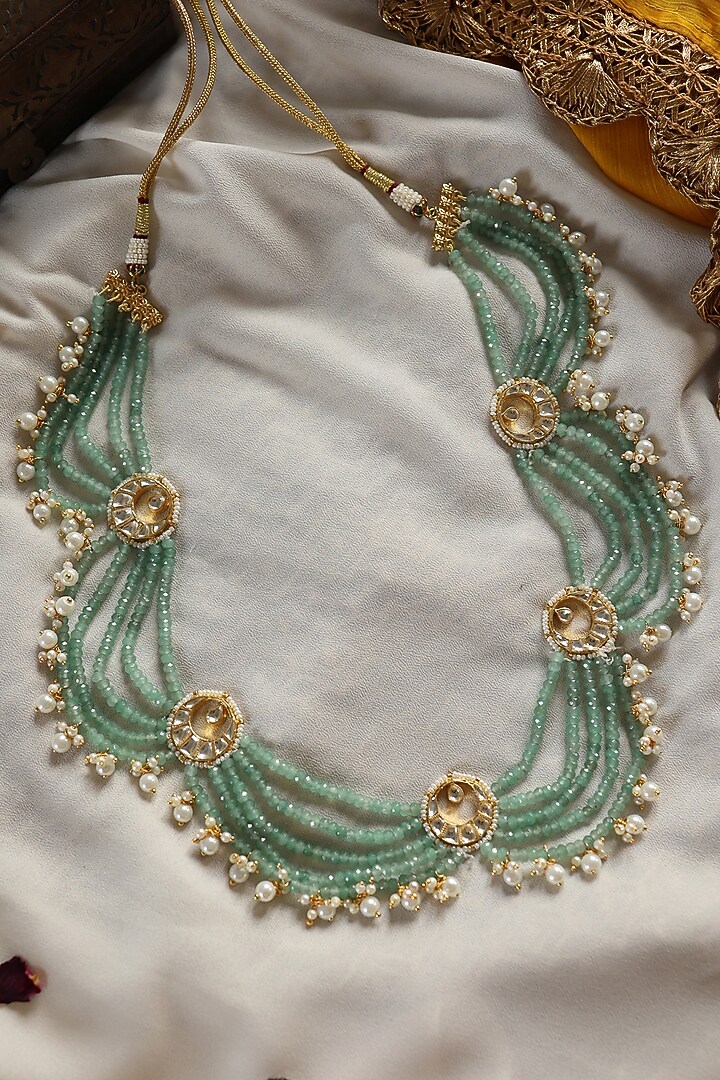 Gold Plated Kundan Polki & Green Onyx Beaded Necklace by Paisley Pop at Pernia's Pop Up Shop