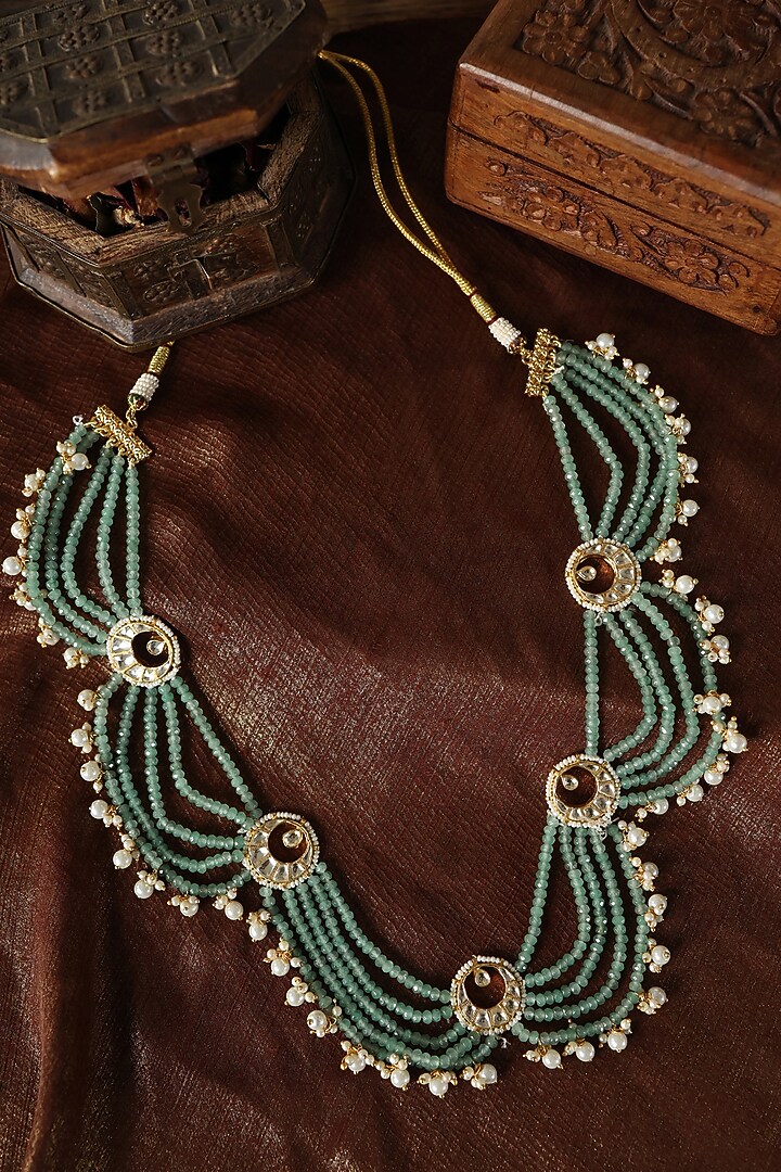 Gold Plated Kundan Polki & Green Onyx Beaded Necklace by Paisley Pop at Pernia's Pop Up Shop