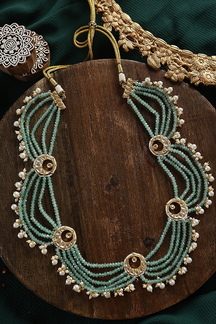 Gold Plated Kundan Polki & Green Onyx Beaded Necklace by Paisley Pop at Pernia's Pop Up Shop