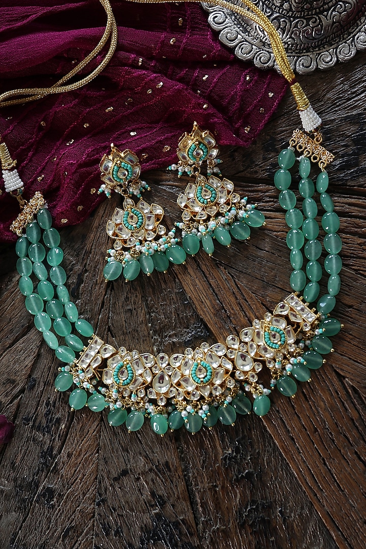Gold Plated Kundan Polki & Mint Green Jade Stone Necklace Set by Paisley Pop at Pernia's Pop Up Shop