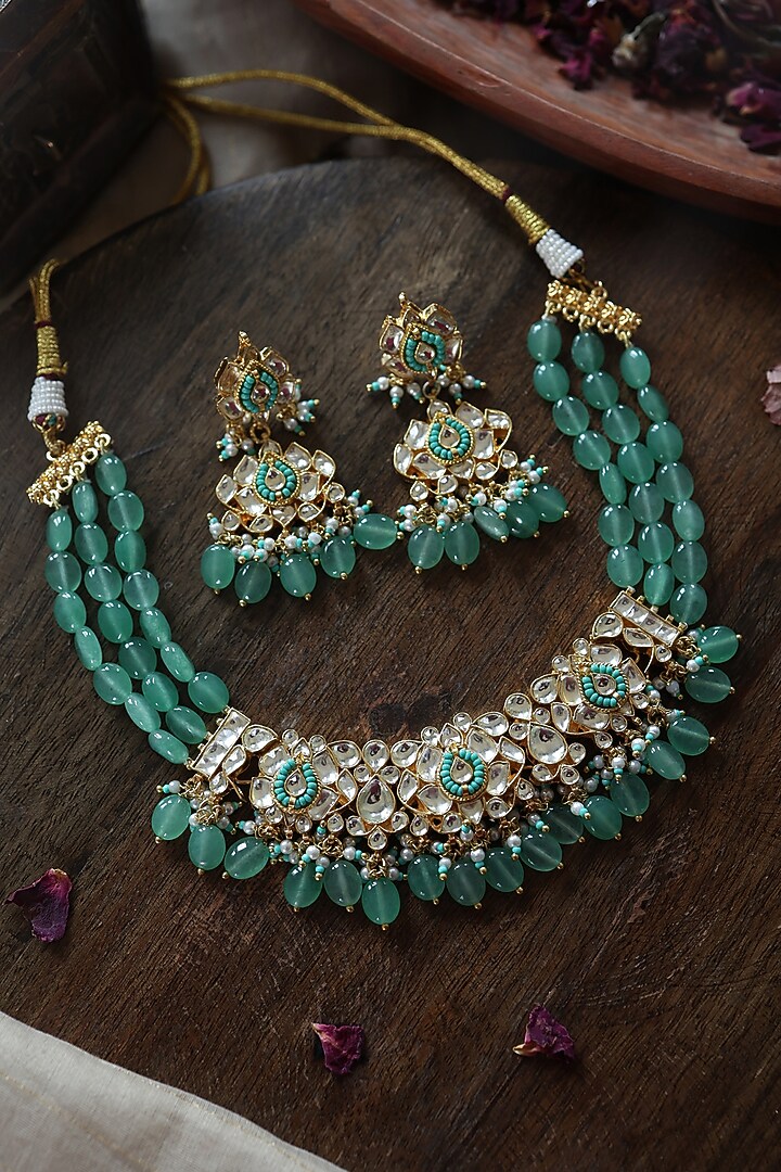 Gold Plated Kundan Polki & Mint Green Jade Stone Necklace Set by Paisley Pop at Pernia's Pop Up Shop