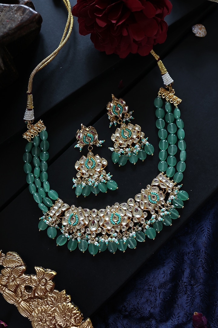 Gold Plated Kundan Polki & Mint Green Jade Stone Necklace Set by Paisley Pop at Pernia's Pop Up Shop