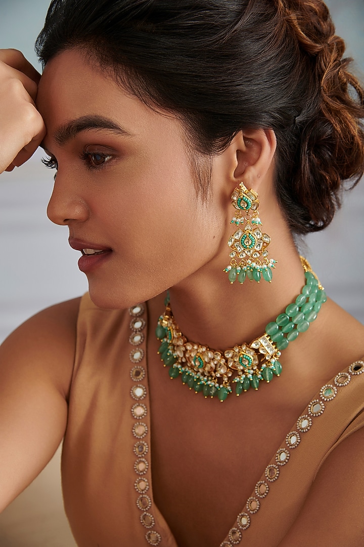 Gold Plated Kundan Polki & Mint Green Jade Stone Necklace Set by Paisley Pop at Pernia's Pop Up Shop