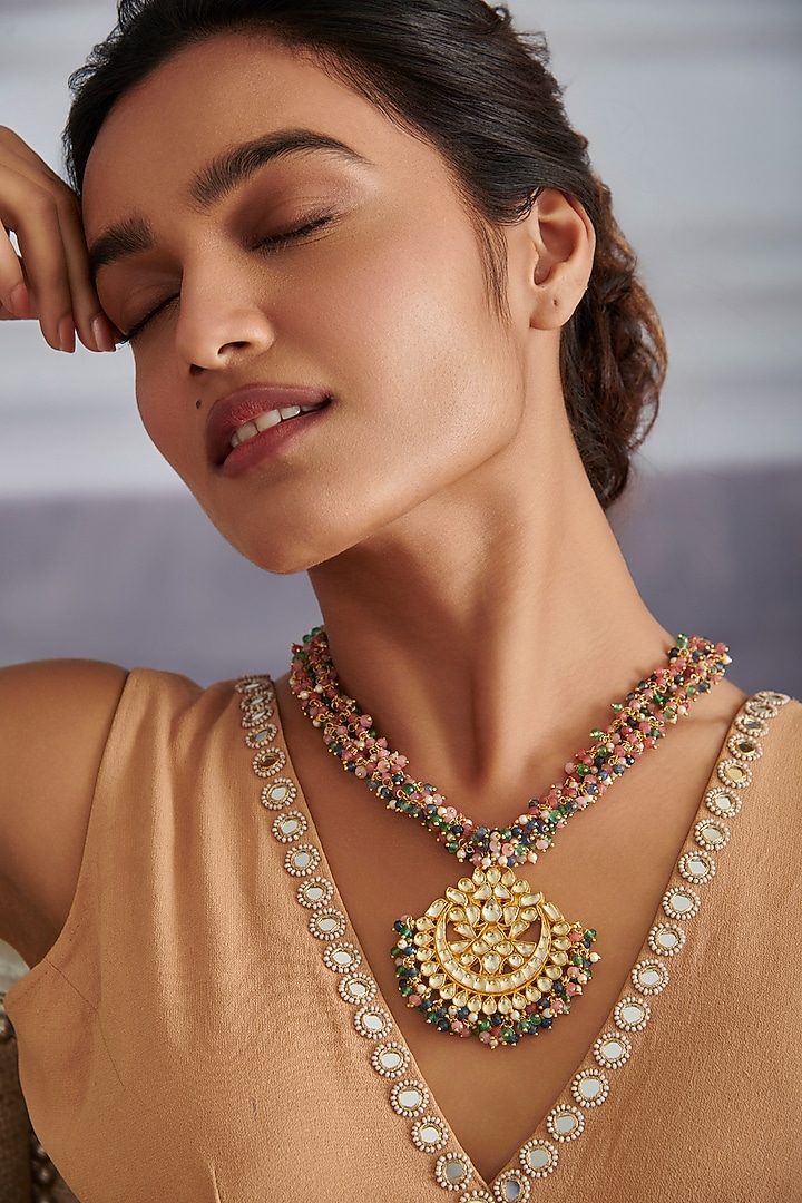 Gold Plated Kundan Polki & Multi-Colored Onyx Necklace by Paisley Pop at Pernia's Pop Up Shop