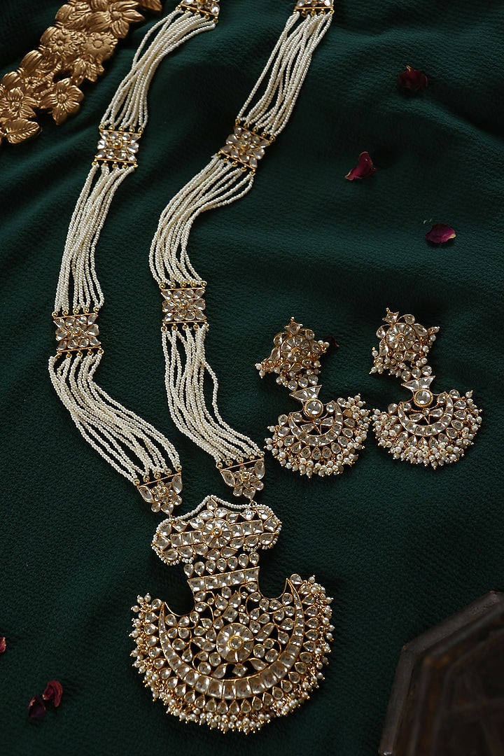 Gold Plated Kundan Polki & Pearl Necklace by Paisley Pop at Pernia's Pop Up Shop