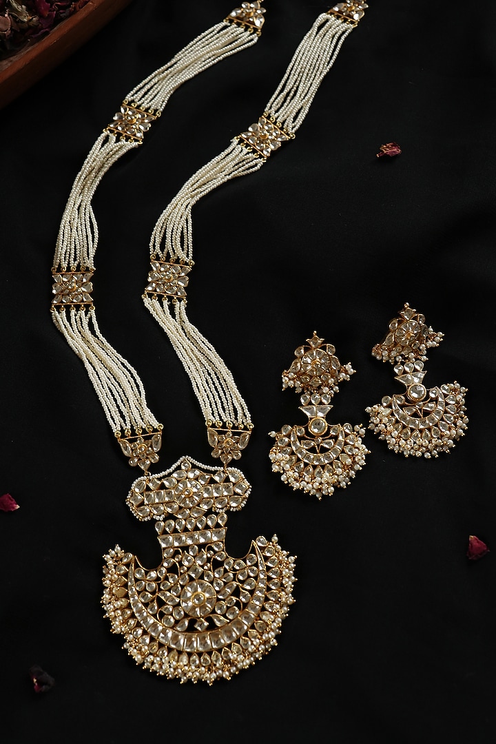 Gold Plated Kundan Polki & Pearl Necklace by Paisley Pop at Pernia's Pop Up Shop