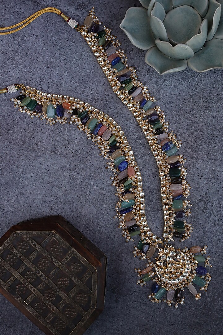 Gold Finish Kundan Polki & Semi-Precious Stone Long Necklace by Paisley Pop at Pernia's Pop Up Shop