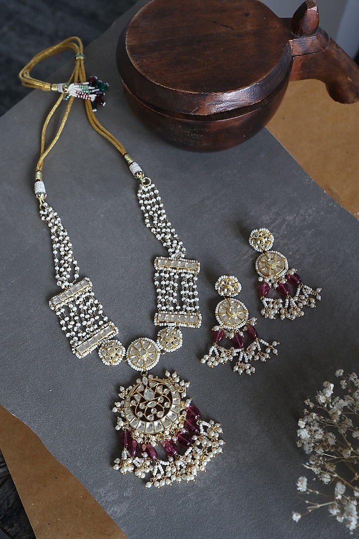 Gold Finish Kundan Polki & Pearl Choker Necklace Set by Paisley Pop at Pernia's Pop Up Shop