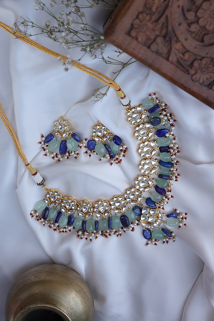 Gold Finish Blue Lapis Lazuli & Mint Natural Stone Choker Necklace Set by Paisley Pop at Pernia's Pop Up Shop