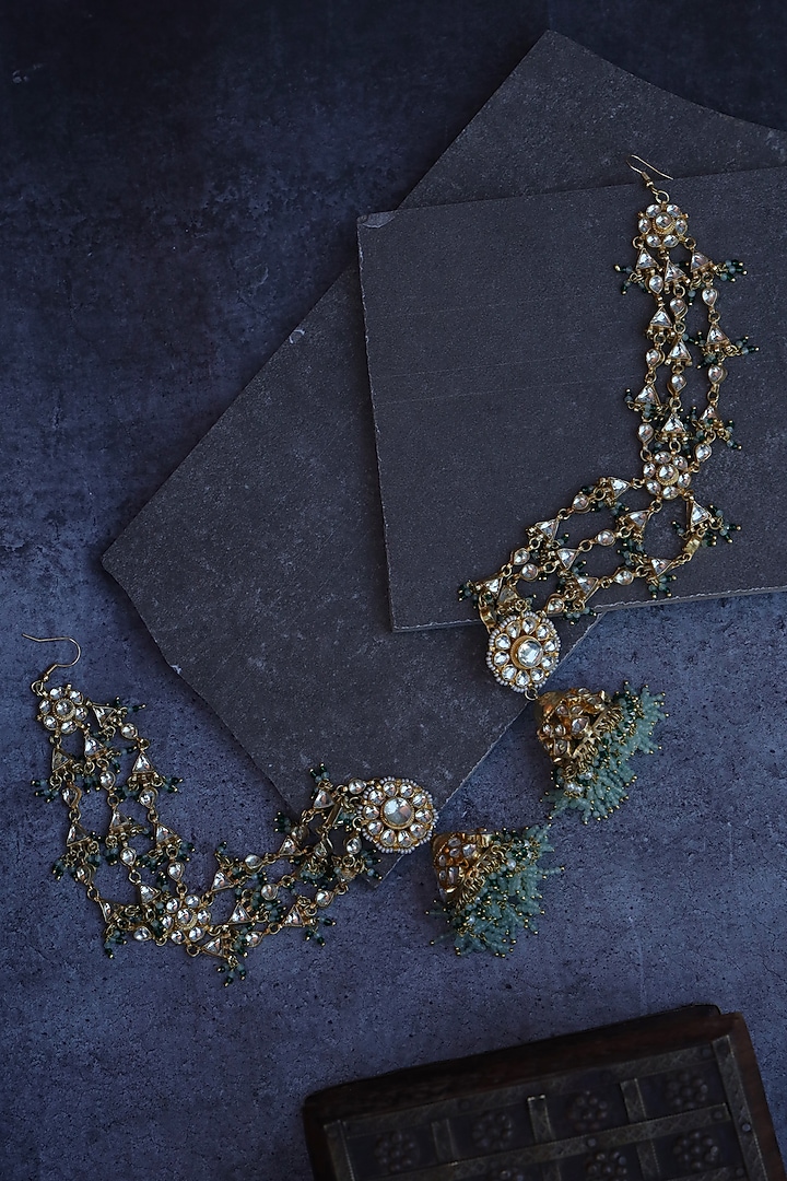 Gold Finish Kundan Polki & Shell Pearl Dangler Earrings by Paisley Pop at Pernia's Pop Up Shop