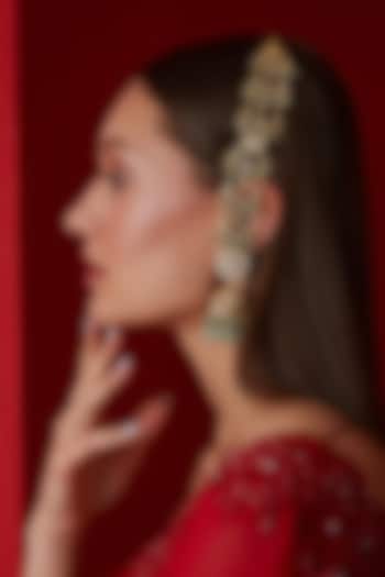 Gold Finish Kundan Polki & Shell Pearl Dangler Earrings by Paisley Pop at Pernia's Pop Up Shop