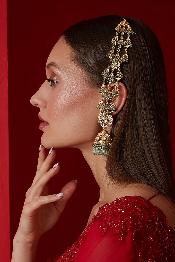 Gold Finish Kundan Polki & Shell Pearl Dangler Earrings by Paisley Pop at Pernia's Pop Up Shop