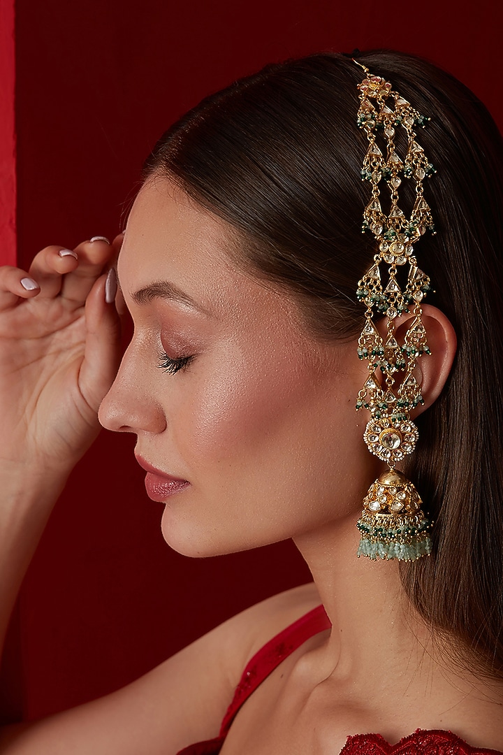 Gold Finish Kundan Polki & Shell Pearl Dangler Earrings by Paisley Pop at Pernia's Pop Up Shop