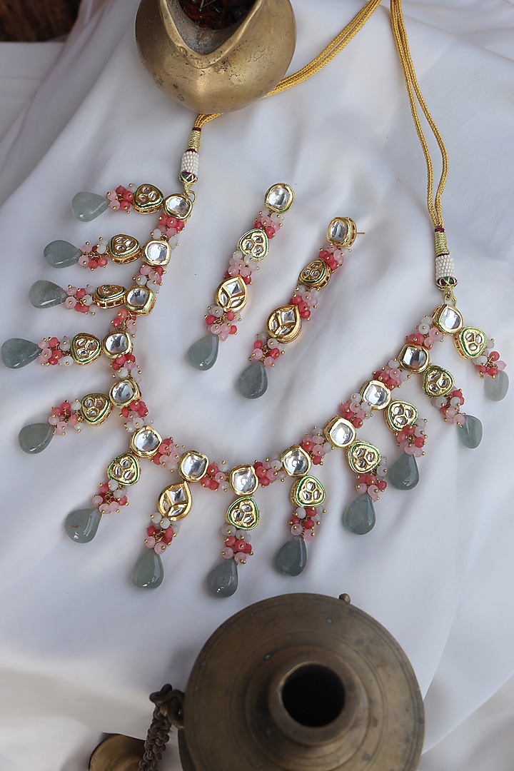 Gold Finish Kundan Polki & Semi-Precious Stone Necklace Set by Paisley Pop at Pernia's Pop Up Shop