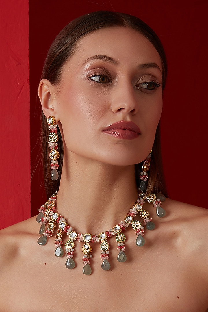 Gold Finish Kundan Polki & Semi-Precious Stone Necklace Set by Paisley Pop at Pernia's Pop Up Shop