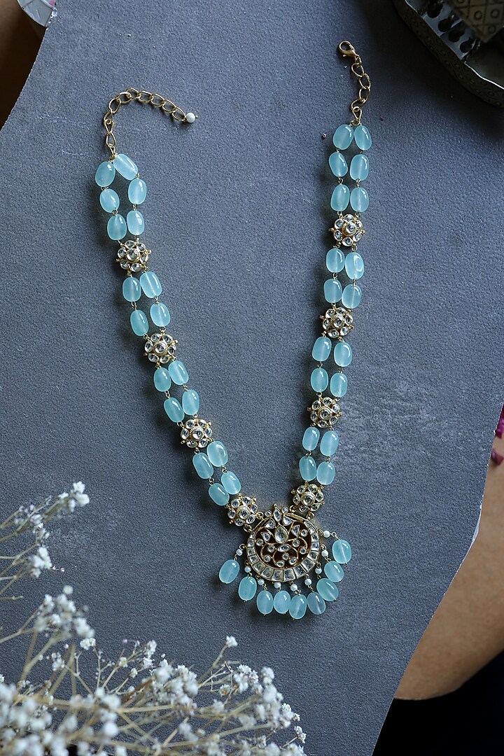Gold Finish Kundan Polki & Natural Mint Stone Necklace by Paisley Pop at Pernia's Pop Up Shop