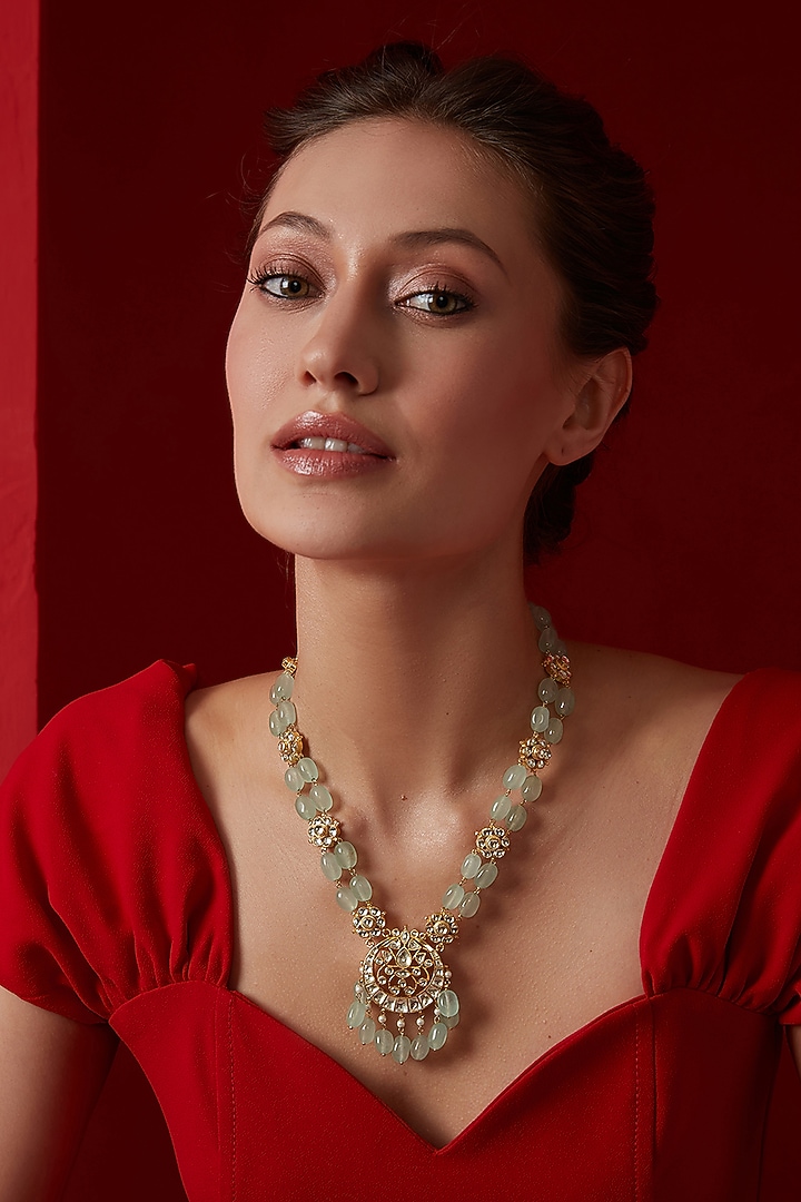 Gold Finish Kundan Polki & Natural Mint Stone Necklace by Paisley Pop at Pernia's Pop Up Shop