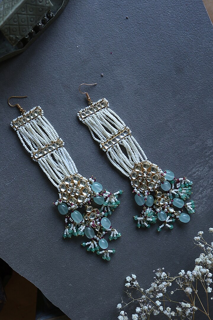 Gold Finish Kundan Polki & Shell Pearl Dangler Earrings by Paisley Pop at Pernia's Pop Up Shop