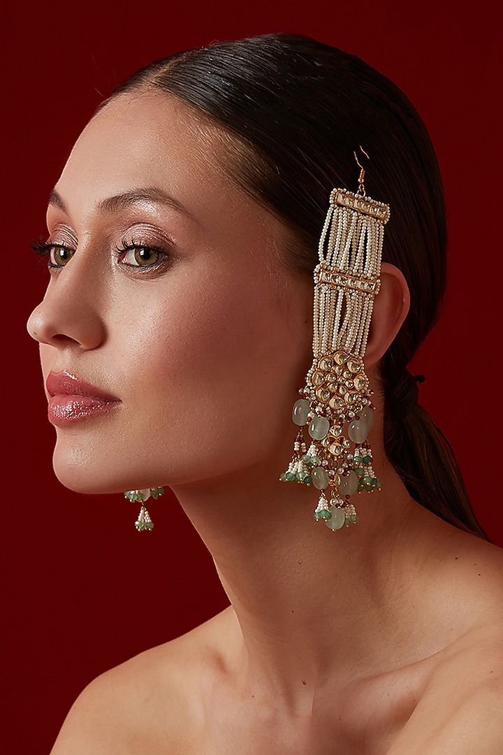 Gold Finish Kundan Polki & Shell Pearl Dangler Earrings by Paisley Pop at Pernia's Pop Up Shop