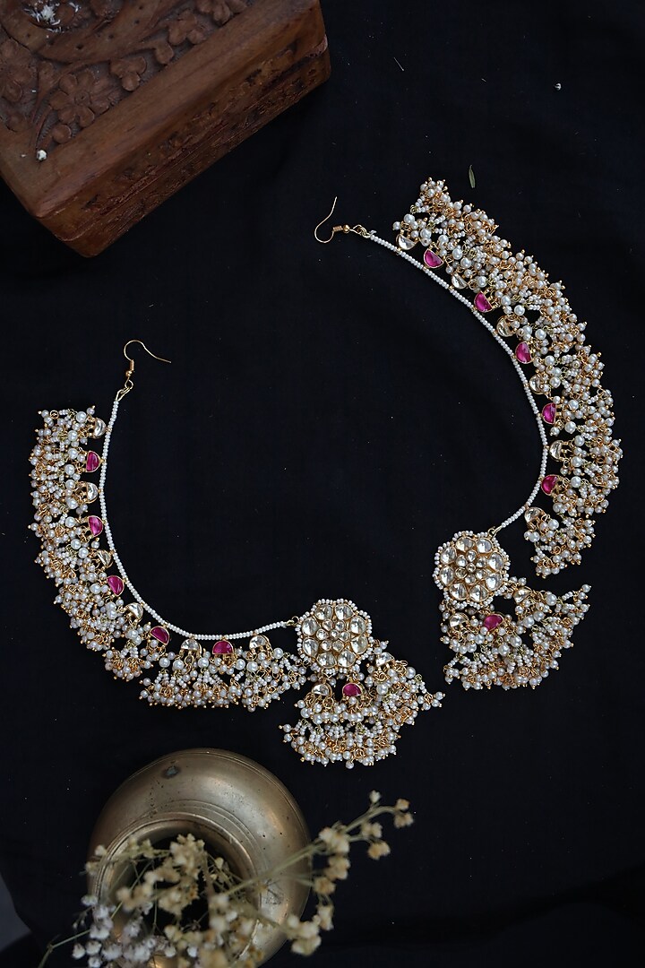 Gold Finish Kundan Polki & Shell Pearl Dangler Earrings by Paisley Pop at Pernia's Pop Up Shop