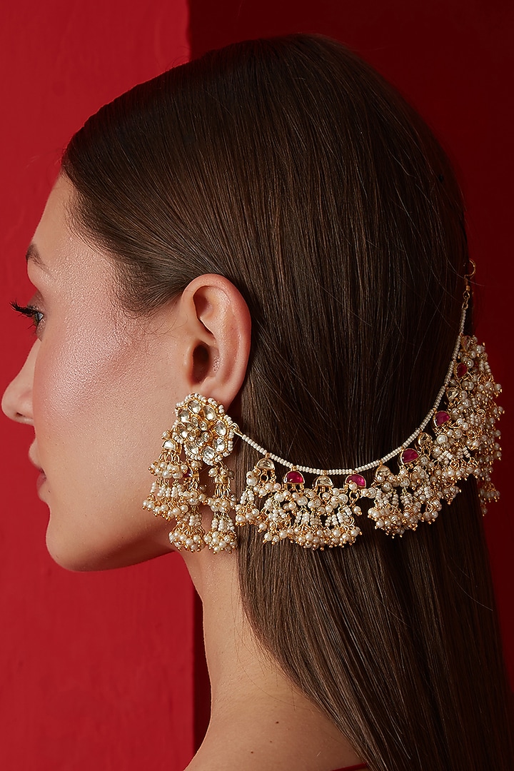 Gold Finish Kundan Polki & Shell Pearl Dangler Earrings by Paisley Pop at Pernia's Pop Up Shop