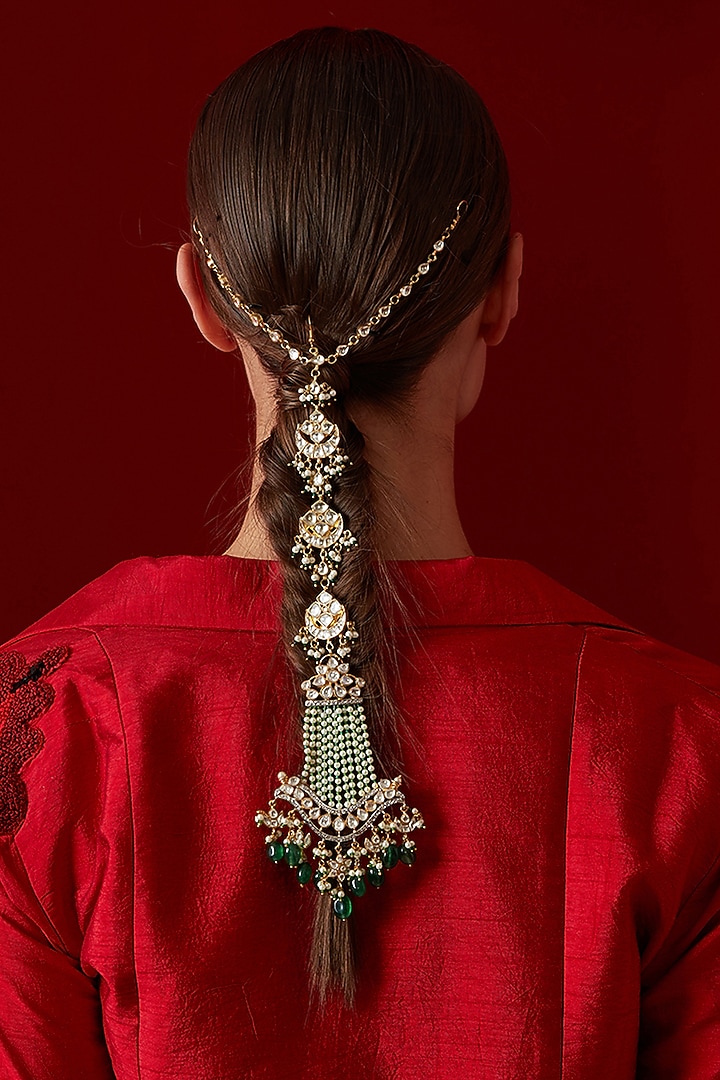 Gold Finish Kundan Polki & Stone Braidpin by Paisley Pop at Pernia's Pop Up Shop