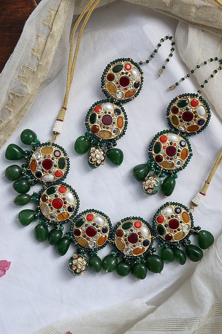 Gold Finish Kundan Polki & Natural Stone Necklace Set by Paisley Pop at Pernia's Pop Up Shop