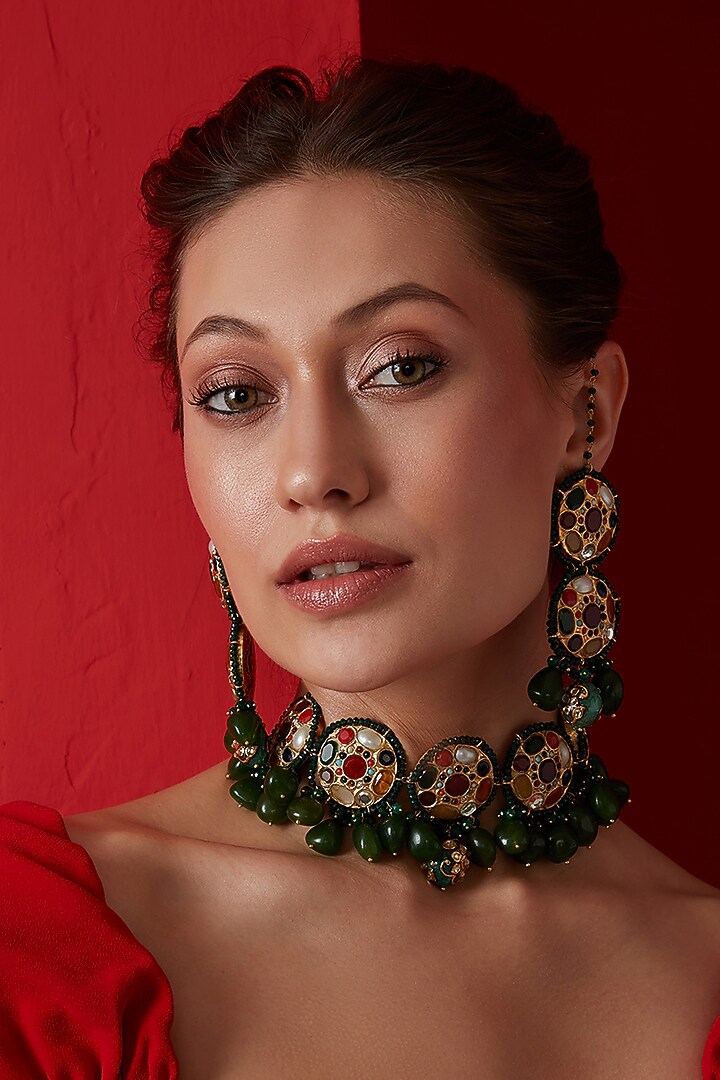 Gold Finish Kundan Polki & Natural Stone Necklace Set by Paisley Pop at Pernia's Pop Up Shop