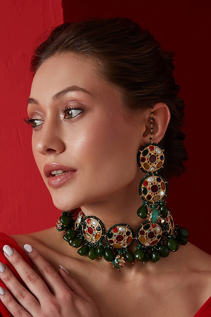 Gold Finish Kundan Polki & Natural Stone Necklace Set by Paisley Pop at Pernia's Pop Up Shop