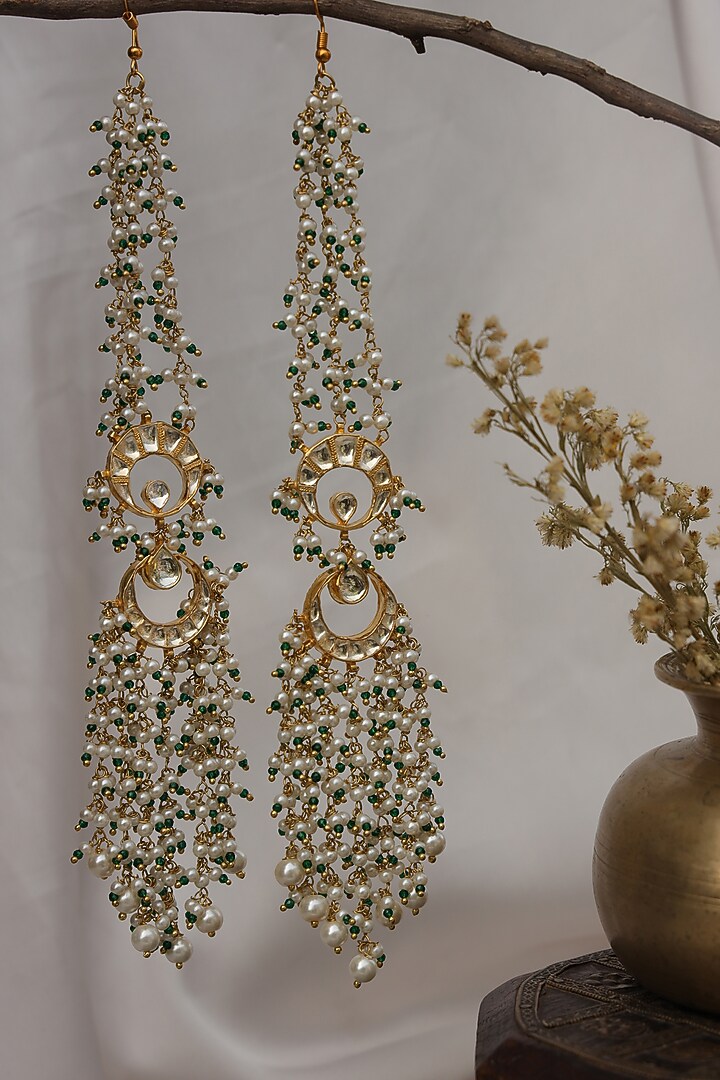 Gold Finish Kundan Polki & Shell Pearl Dangler Earrings by Paisley Pop at Pernia's Pop Up Shop