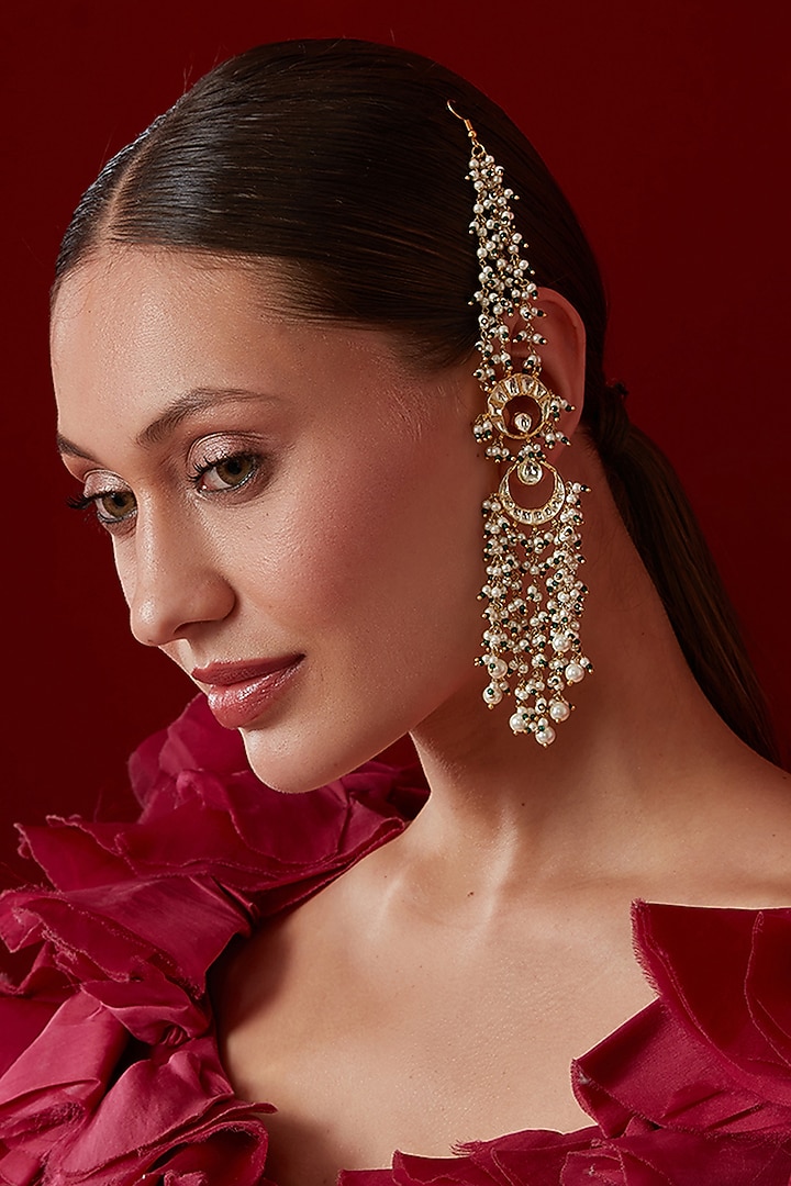 Gold Finish Kundan Polki & Shell Pearl Dangler Earrings by Paisley Pop at Pernia's Pop Up Shop