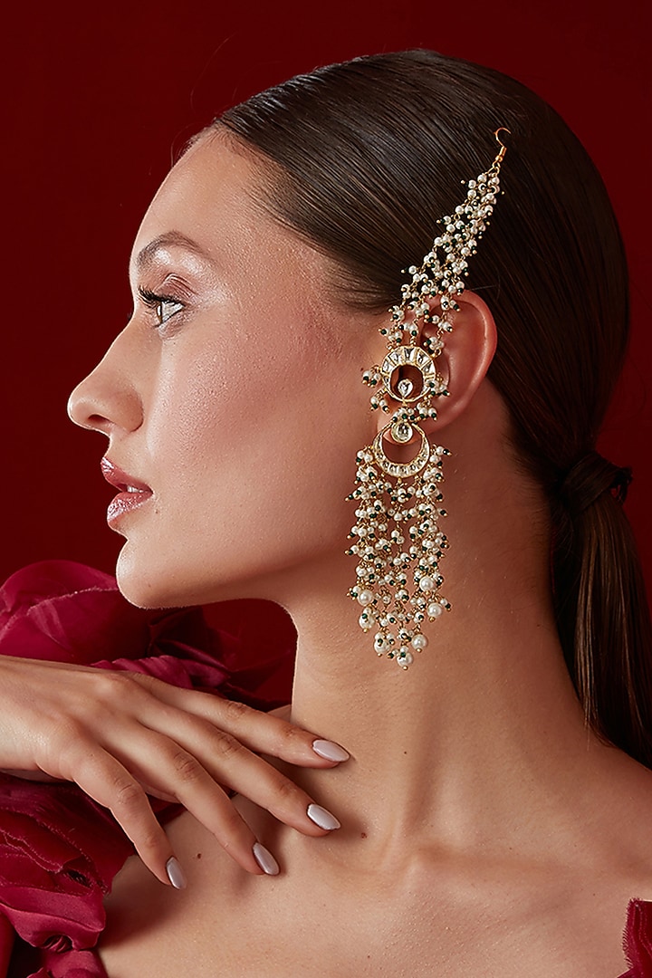 Gold Finish Kundan Polki & Shell Pearl Dangler Earrings by Paisley Pop at Pernia's Pop Up Shop