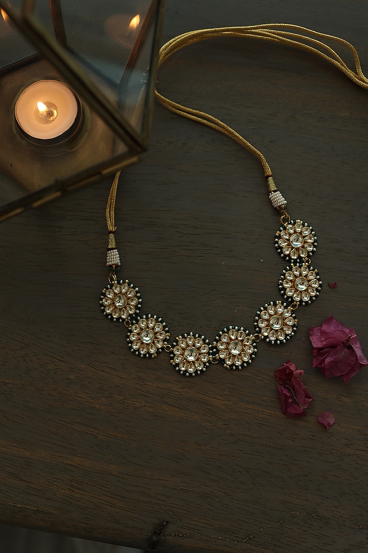 Gold Finish Kundan Polki & Green Beaded Choker Necklace by Paisley Pop at Pernia's Pop Up Shop