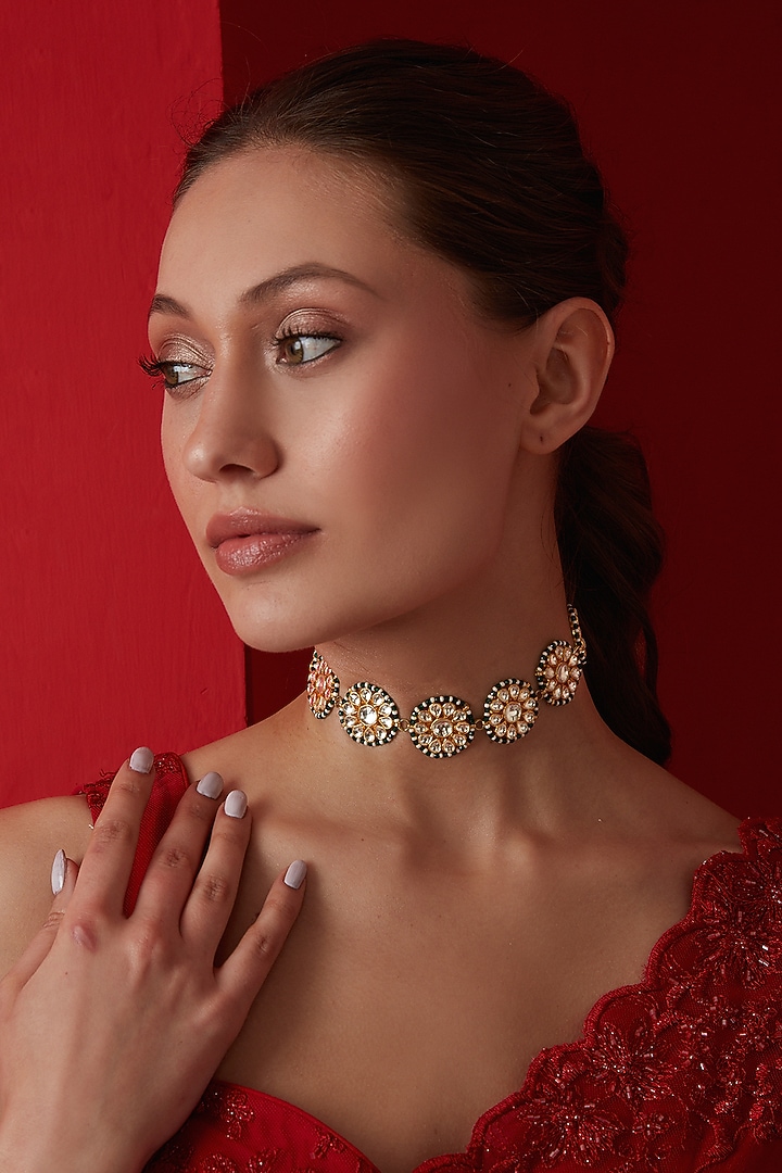 Gold Finish Kundan Polki & Green Beaded Choker Necklace by Paisley Pop at Pernia's Pop Up Shop