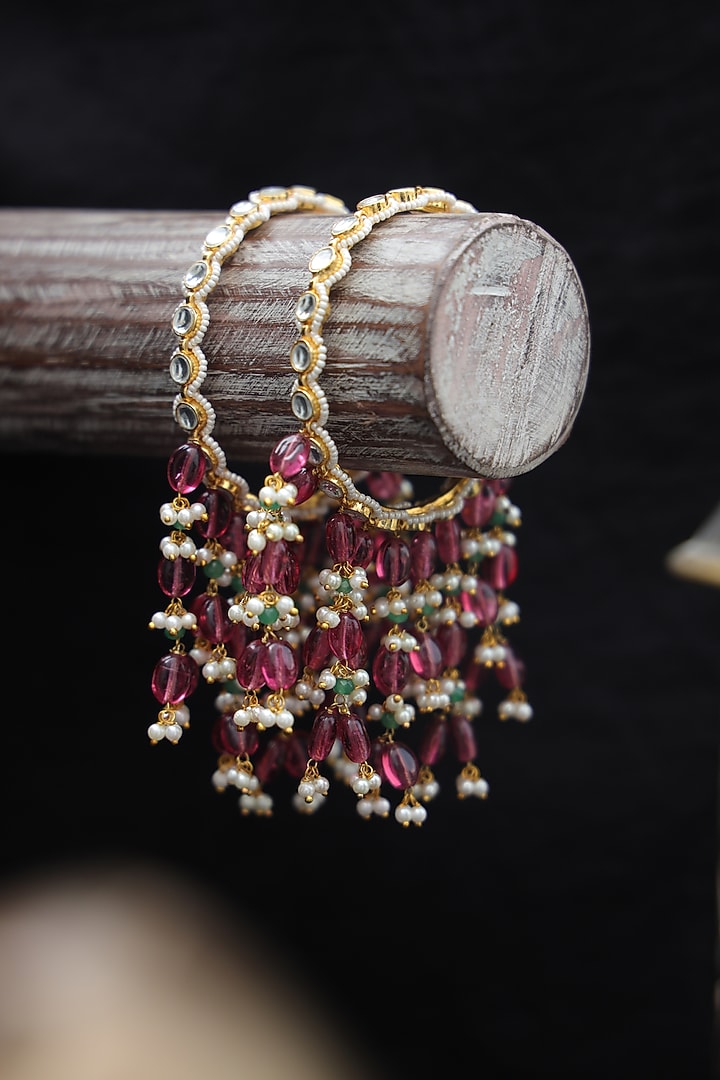 Gold Finish Kundan Polki & Natural Stone Bangles (Set Of 2) by Paisley Pop at Pernia's Pop Up Shop