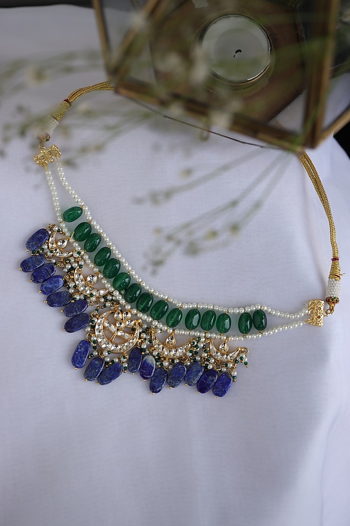 Gold Finish Kundan Polki & Jade Green Stone Choker Necklace by Paisley Pop at Pernia's Pop Up Shop